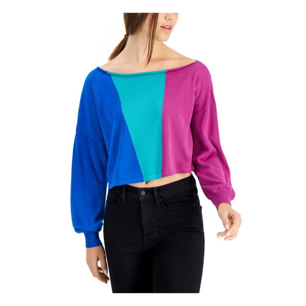 BAR III Womens Blue Ribbed Short Length Long Sleeve Boat Neck Sweater XL